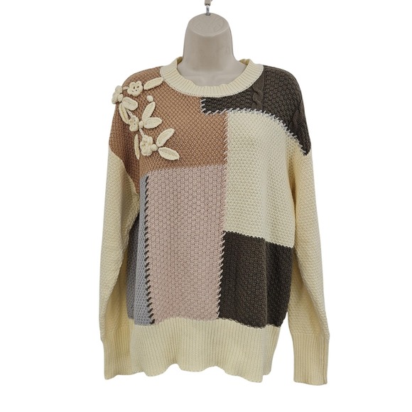 Anthropologie Tea n Rose Jumper Grandmacore Sweater Womens M Patchwork Cabincore - Picture 1 of 11